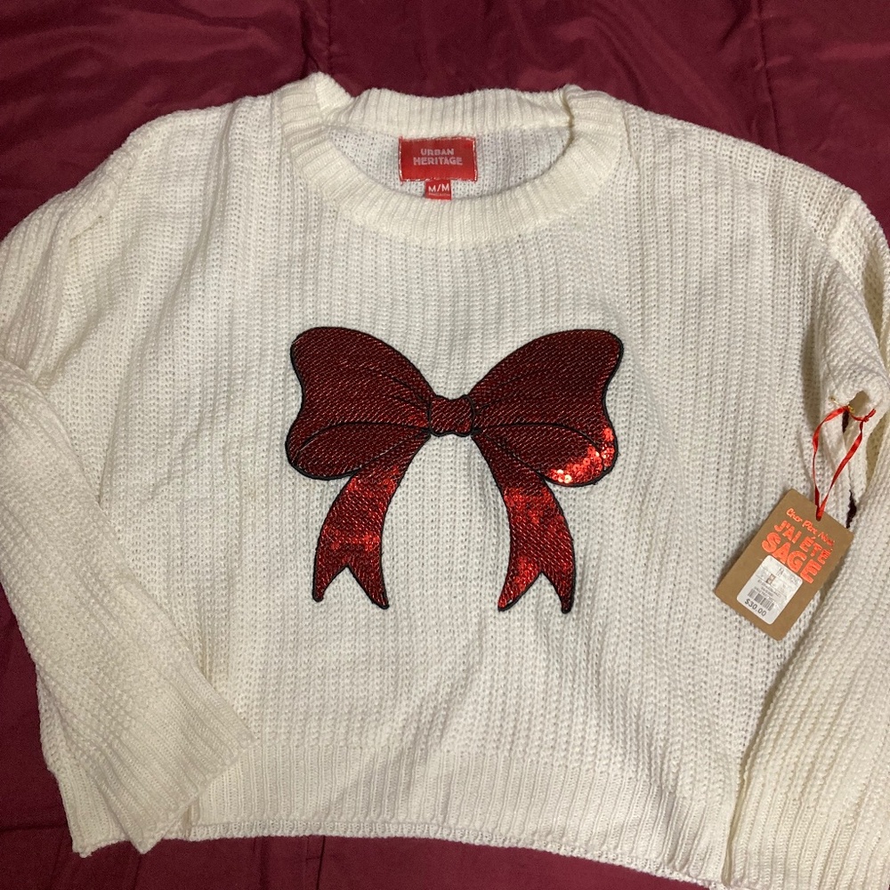 Urban Heritage | Glitter Red Bow Sweater | Size Medium